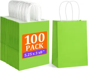 BagDream 100Pcs Green Gift Bags 5.25x3x8 Inch Small Kraft Paper Gift Bags with Handles Bulk, Birthday Wedding Baby Shower Party Favor Retail Recyclable Paper Sacks