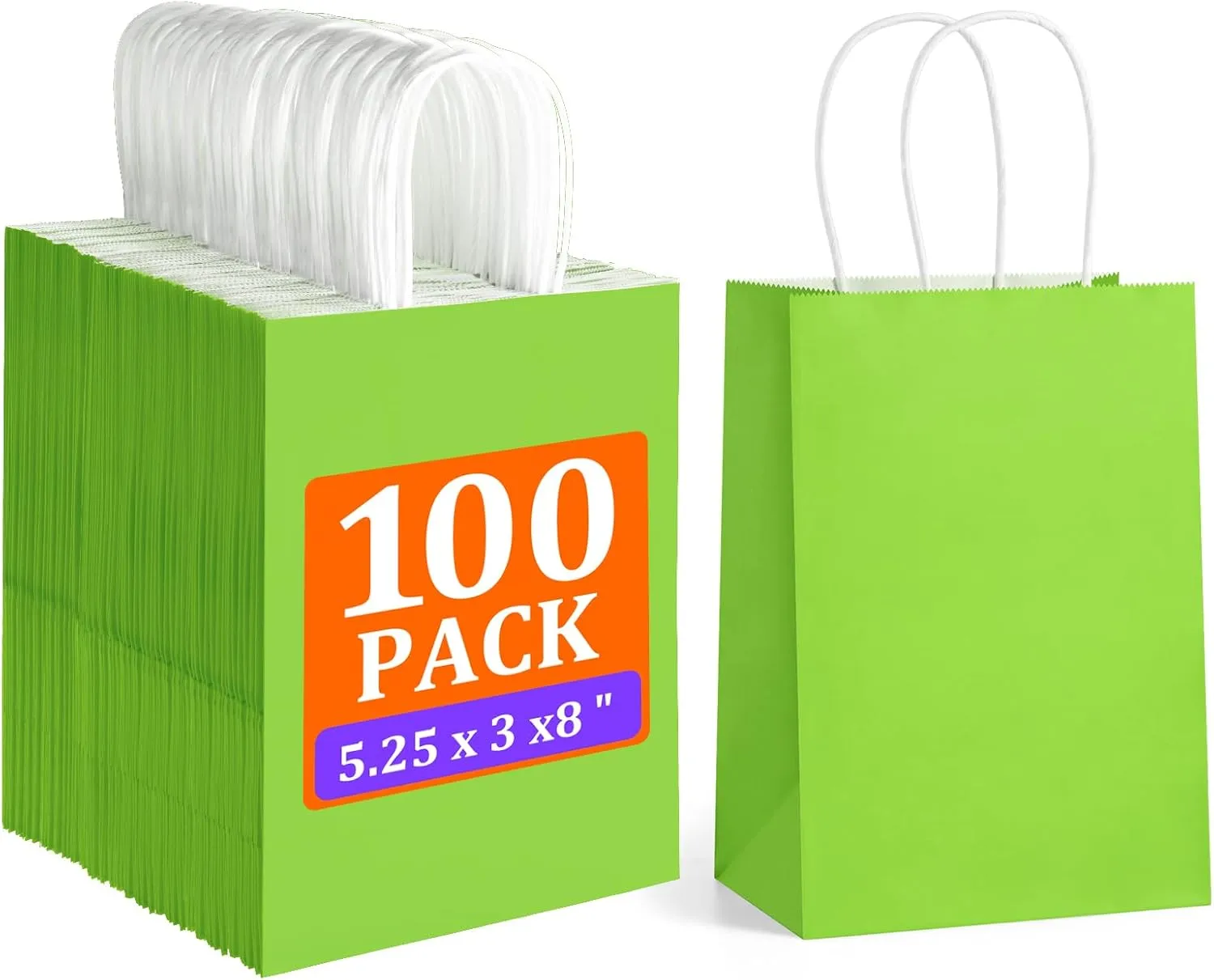 BagDream 100Pcs Green Gift Bags 5.25x3x8 Inch Small Kraft Paper Gift Bags with Handles Bulk, Birthday Wedding Baby Shower Party Favor Retail Recyclable Paper Sacks
