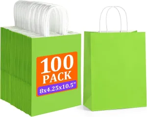 BagDream 100Pcs Green Gift Bags 8x4.25x10.5 Inch Medium Kraft Paper Gift Bags with Handles Bulk, Birthday Wedding Baby Shower Party Favor Retail Recyclable Paper Sacks