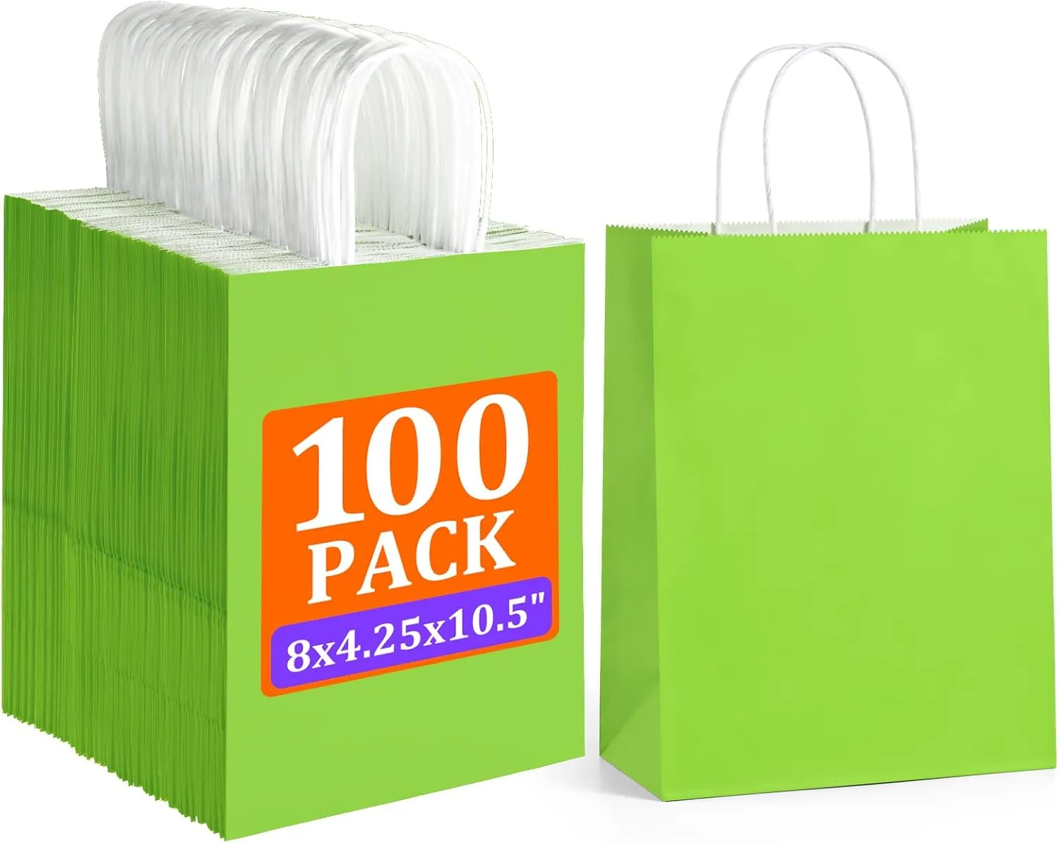 BagDream 100Pcs Green Gift Bags 8x4.25x10.5 Inch Medium Kraft Paper Gift Bags with Handles Bulk, Birthday Wedding Baby Shower Party Favor Retail Recyclable Paper Sacks