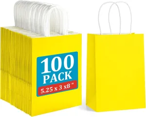 BagDream 100Pcs Yellow Gift Bags 5.25x3x8 Inch Small Kraft Paper Gift Bags with Handles Bulk, Birthday Wedding Baby Shower Party Favor Retail Recyclable Paper Sacks