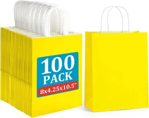 BagDream 100Pcs Yellow Gift Bags 8x4.25x10.5 Inch Medium Kraft Paper Gift Bags with Handles Bulk, Birthday Wedding Baby Shower Party Favor Retail Recyclable Paper Sacks