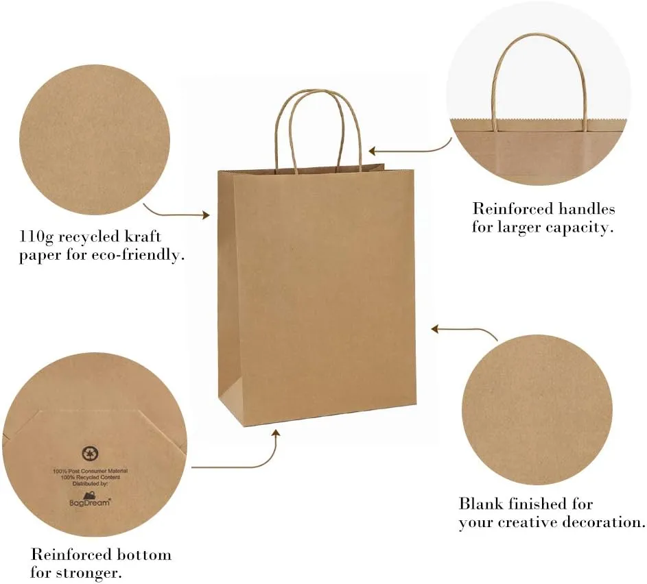 BagDream 10x5x13 Kraft Shopping Bags 100Pcs Brown Paper Bags with Handles Bulk, for Gifts, Merchandise, Retail, Party Favor, Take-out, Grocery, Recycled Paper Gift Sacks