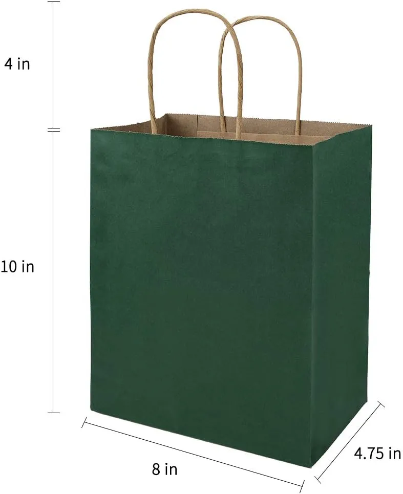 bagmad 50 Pack 8x4.75x10 Inch Medium Green Gift Paper Bags with Handles Bulk, Kraft Bags, Craft Grocery Shopping Retail Party Favors Wedding Business Sacks (Dark Green, 50pcs)