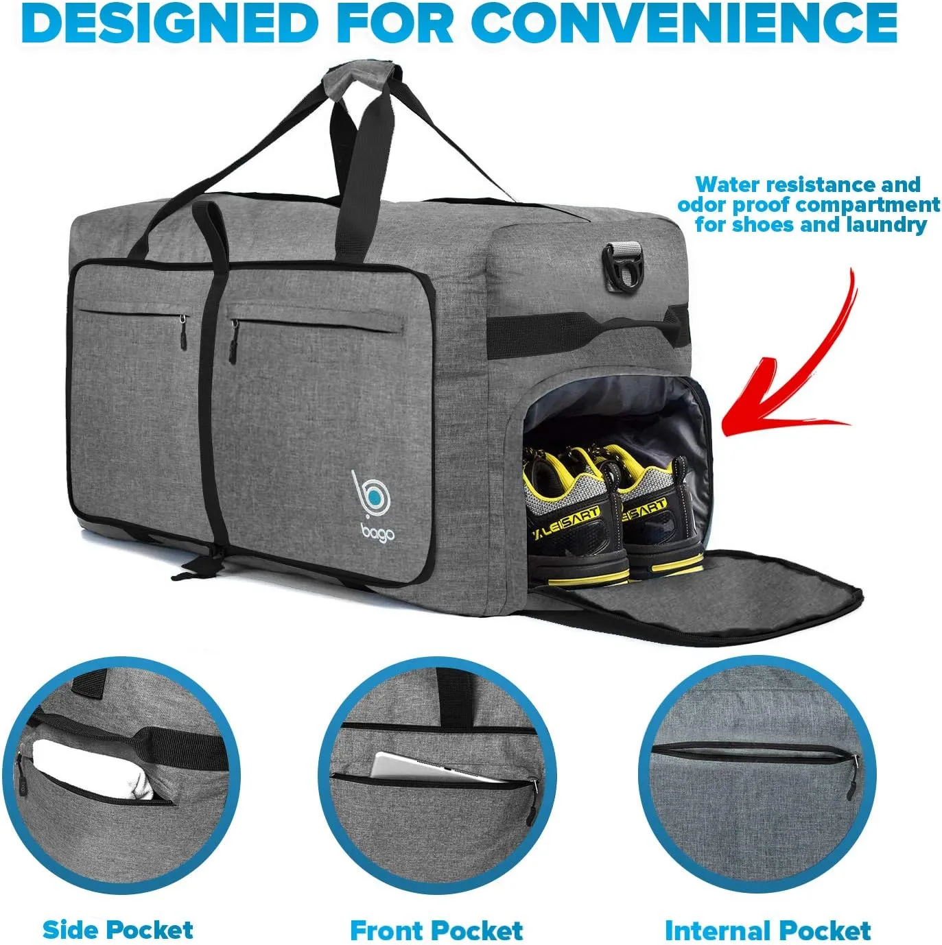 Bago Big XXL Foldable Duffel Bags for Traveling Women & Men - 140L Packable Duffle Bag for Travel with Shoe Compartment - Water Repellant, Heavy Duty, Lightweight Folding & Collapsible (SnowGray)