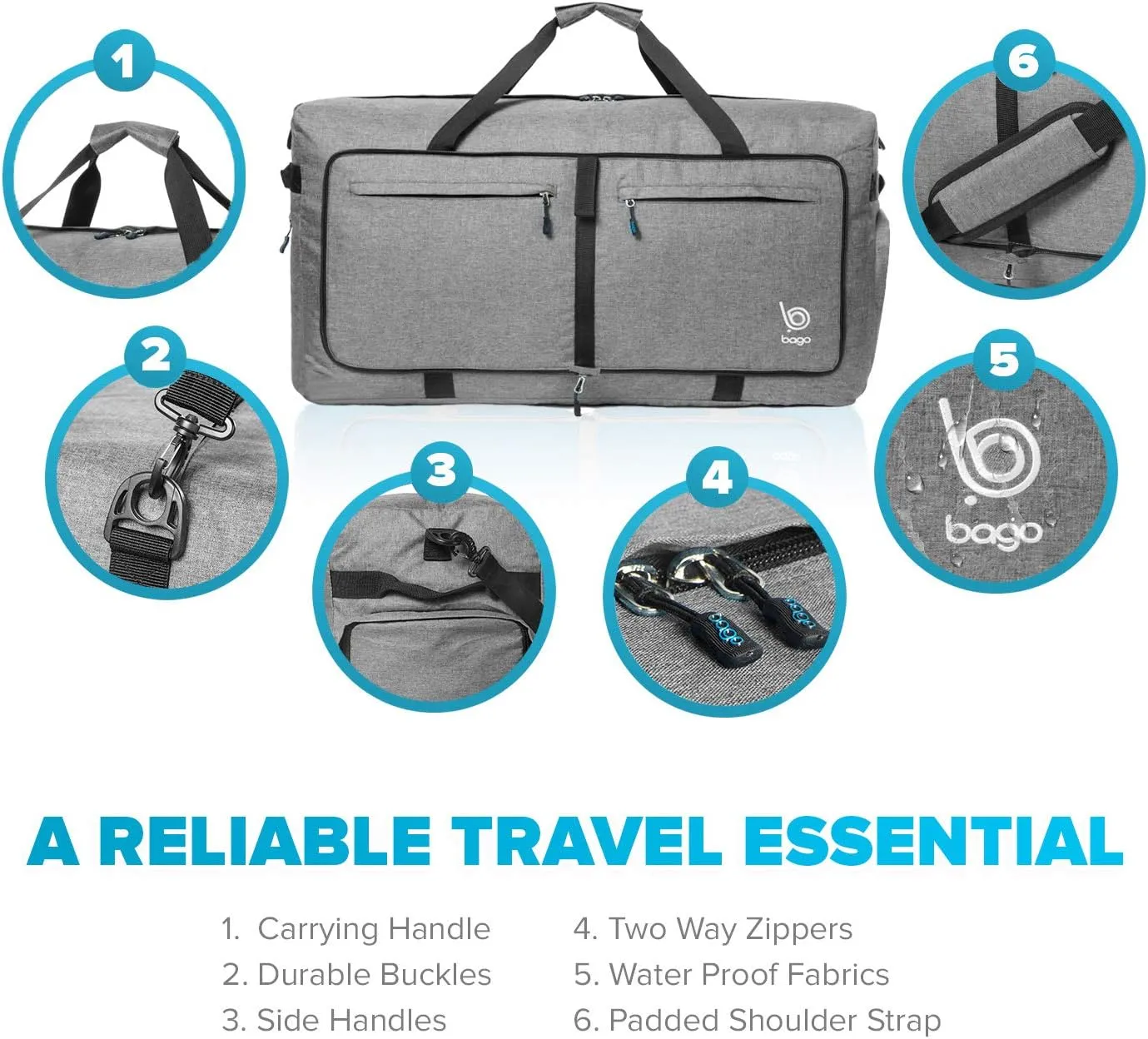 Bago Big XXL Foldable Duffel Bags for Traveling Women & Men - 140L Packable Duffle Bag for Travel with Shoe Compartment - Water Repellant, Heavy Duty, Lightweight Folding & Collapsible (SnowGray)