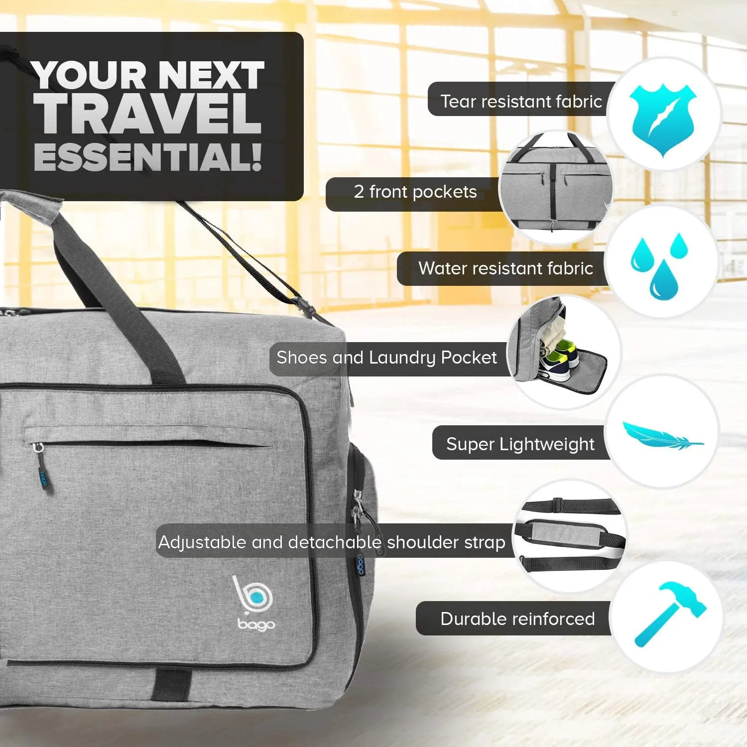 Bago Big XXL Foldable Duffel Bags for Traveling Women & Men - 140L Packable Duffle Bag for Travel with Shoe Compartment - Water Repellant, Heavy Duty, Lightweight Folding & Collapsible (SnowGray)