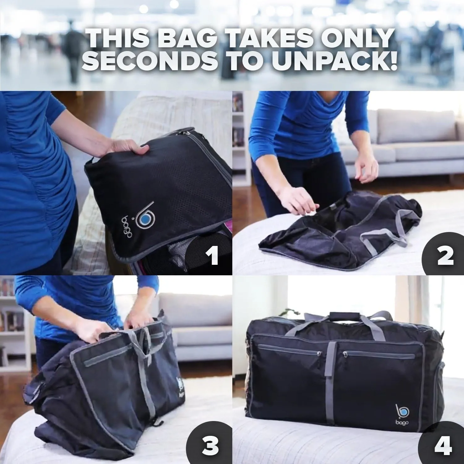 Bago Big XXL Foldable Duffel Bags for Traveling Women & Men - 140L Packable Duffle Bag for Travel with Shoe Compartment - Water Repellant, Heavy Duty, Lightweight Folding & Collapsible (SnowGray)