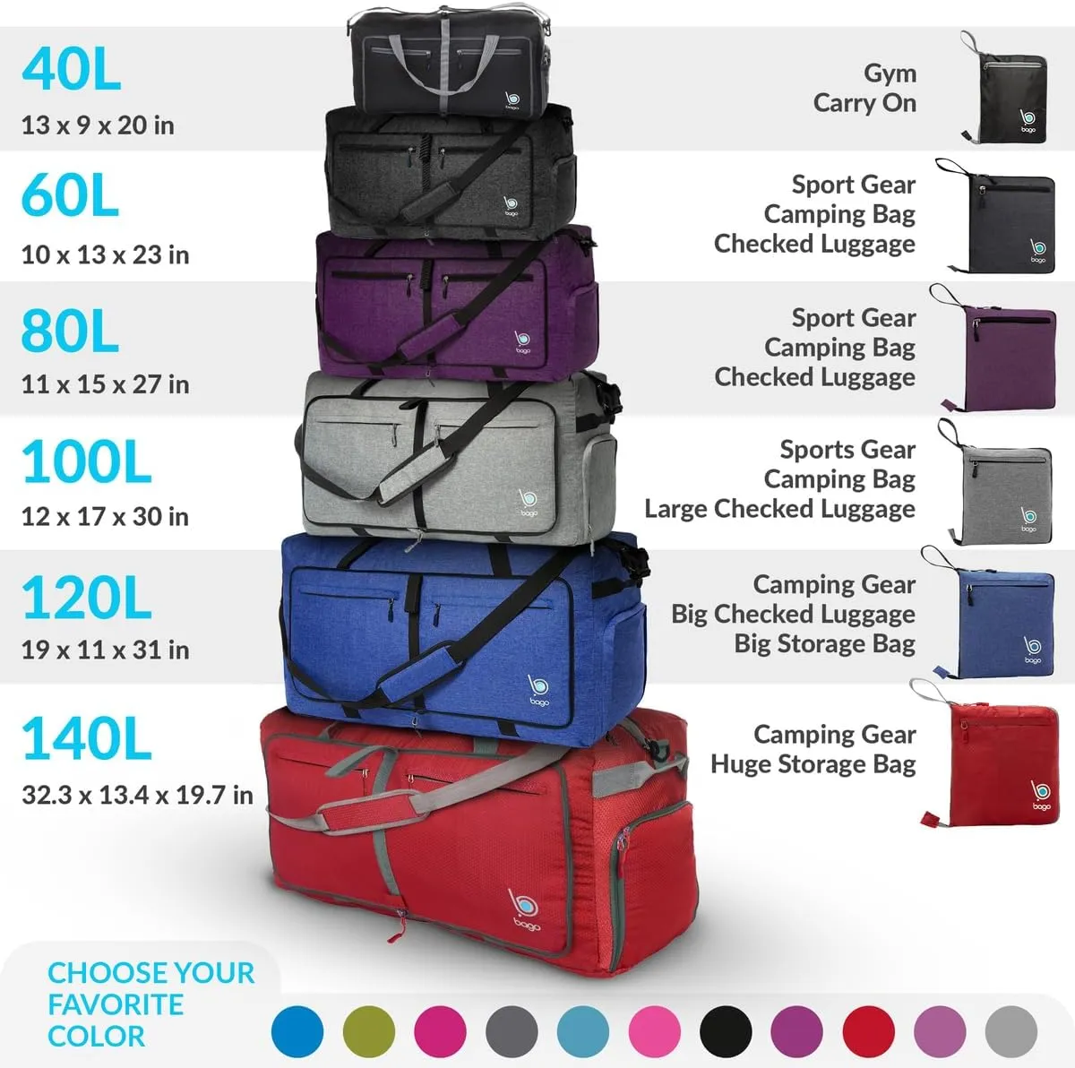 Bago Big XXL Foldable Duffel Bags for Traveling Women & Men - 140L Packable Duffle Bag for Travel with Shoe Compartment - Water Repellant, Heavy Duty, Lightweight Folding & Collapsible (SnowGray)