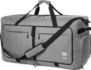 Bago Big XXL Foldable Duffel Bags for Traveling Women & Men - 140L Packable Duffle Bag for Travel with Shoe Compartment - Water Repellant, Heavy Duty, Lightweight Folding & Collapsible (SnowGray)