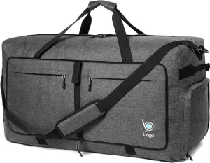 Bago Large Foldable Duffel Bags for Traveling Women & Men - 120L Packable Duffle Bag for Travel with Shoe Compartment - Water Repellant, Heavy Duty, Lightweight Folding & Collapsible (SnowBlack)