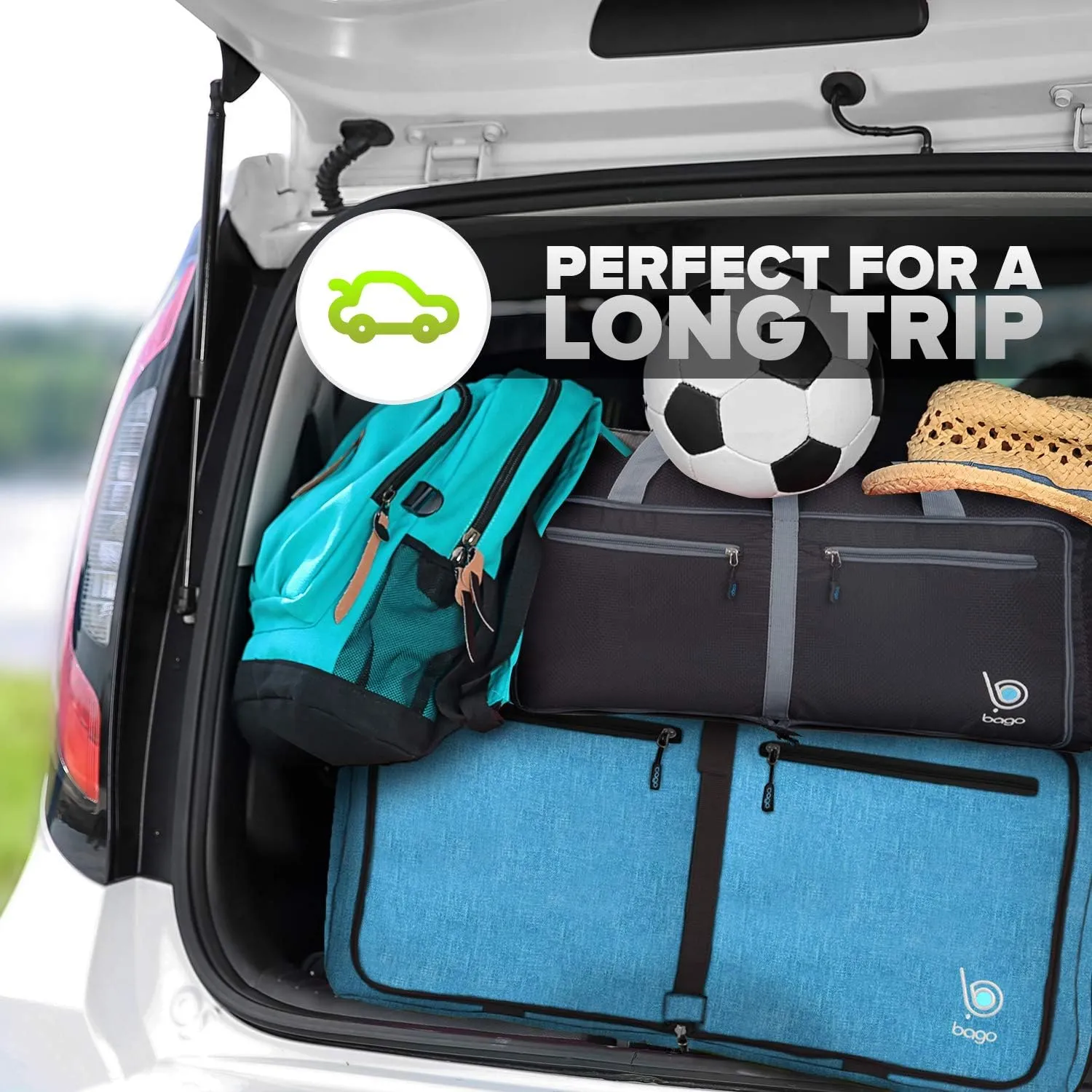 Bago Large Foldable Duffel Bags for Traveling Women & Men - 80L Packable Duffle Bag for Travel with Shoe Compartment - Water Repellant, Heavy Duty, Lightweight Folding & Collapsible (SnowBlue)
