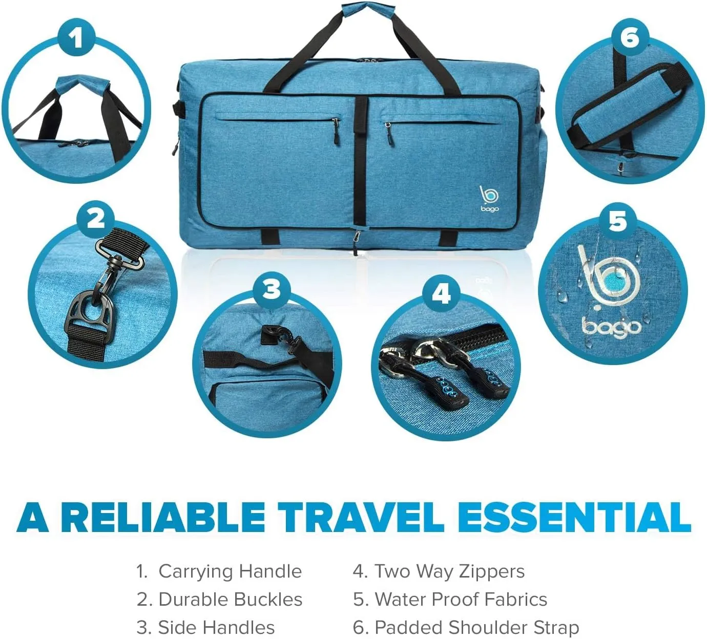 Bago Large Foldable Duffel Bags for Traveling Women & Men - 80L Packable Duffle Bag for Travel with Shoe Compartment - Water Repellant, Heavy Duty, Lightweight Folding & Collapsible (SnowBlue)