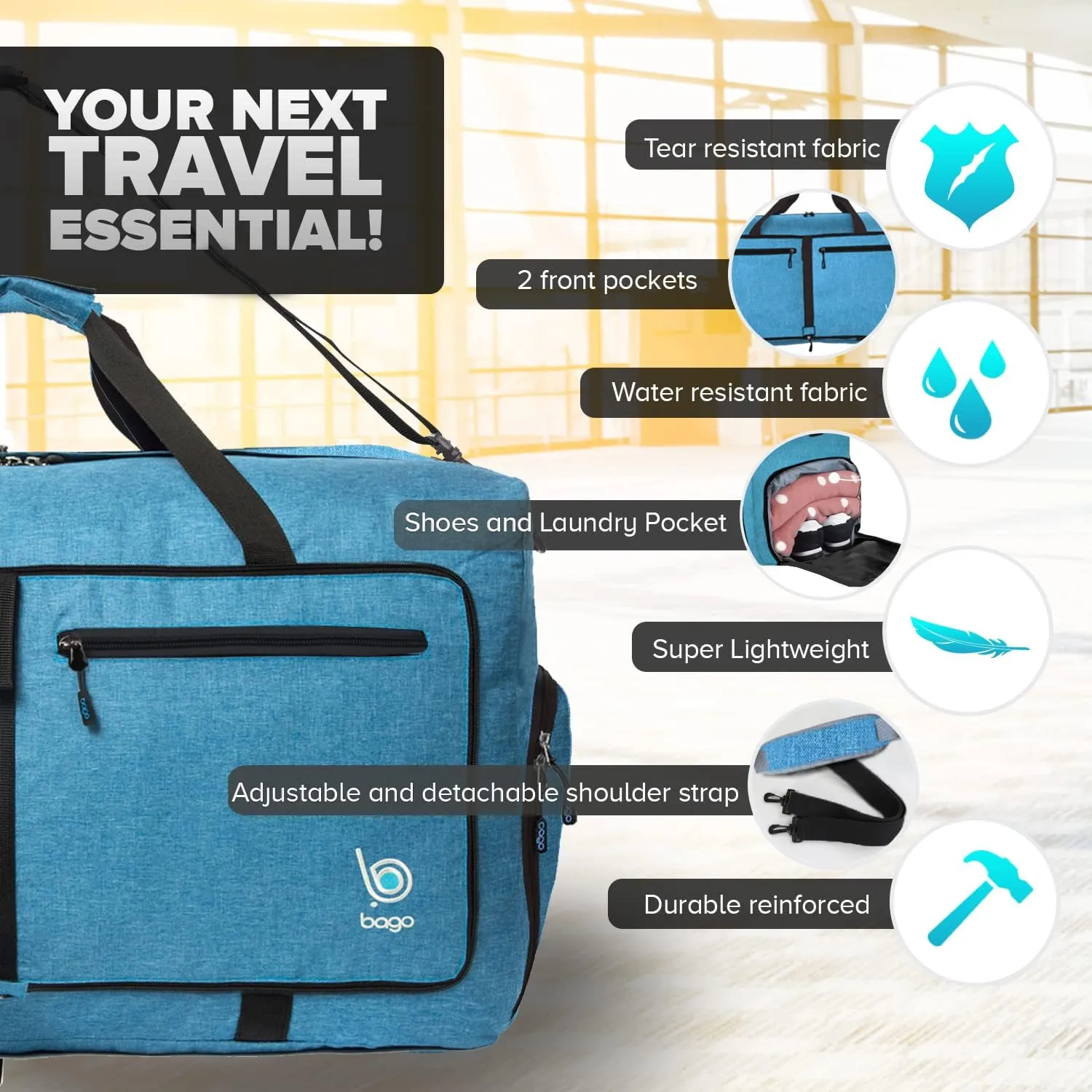 Bago Large Foldable Duffel Bags for Traveling Women & Men - 80L Packable Duffle Bag for Travel with Shoe Compartment - Water Repellant, Heavy Duty, Lightweight Folding & Collapsible (SnowBlue)