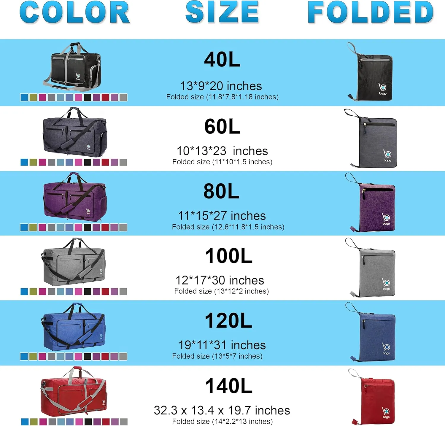 Bago Large Foldable Duffel Bags for Traveling Women & Men - 80L Packable Duffle Bag for Travel with Shoe Compartment - Water Repellant, Heavy Duty, Lightweight Folding & Collapsible (SnowBlue)