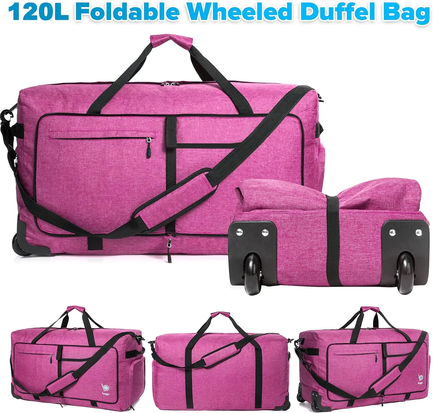 Bago Rolling Duffle Bag with Wheels - 31" 120L Foldable Weekender Bag, Waterproof Travel Duffel Bag, Heavy Duty lightWeight Duffle Bag for Traveling, Rolling Duffel Bag with Wheels (SnowPink)
