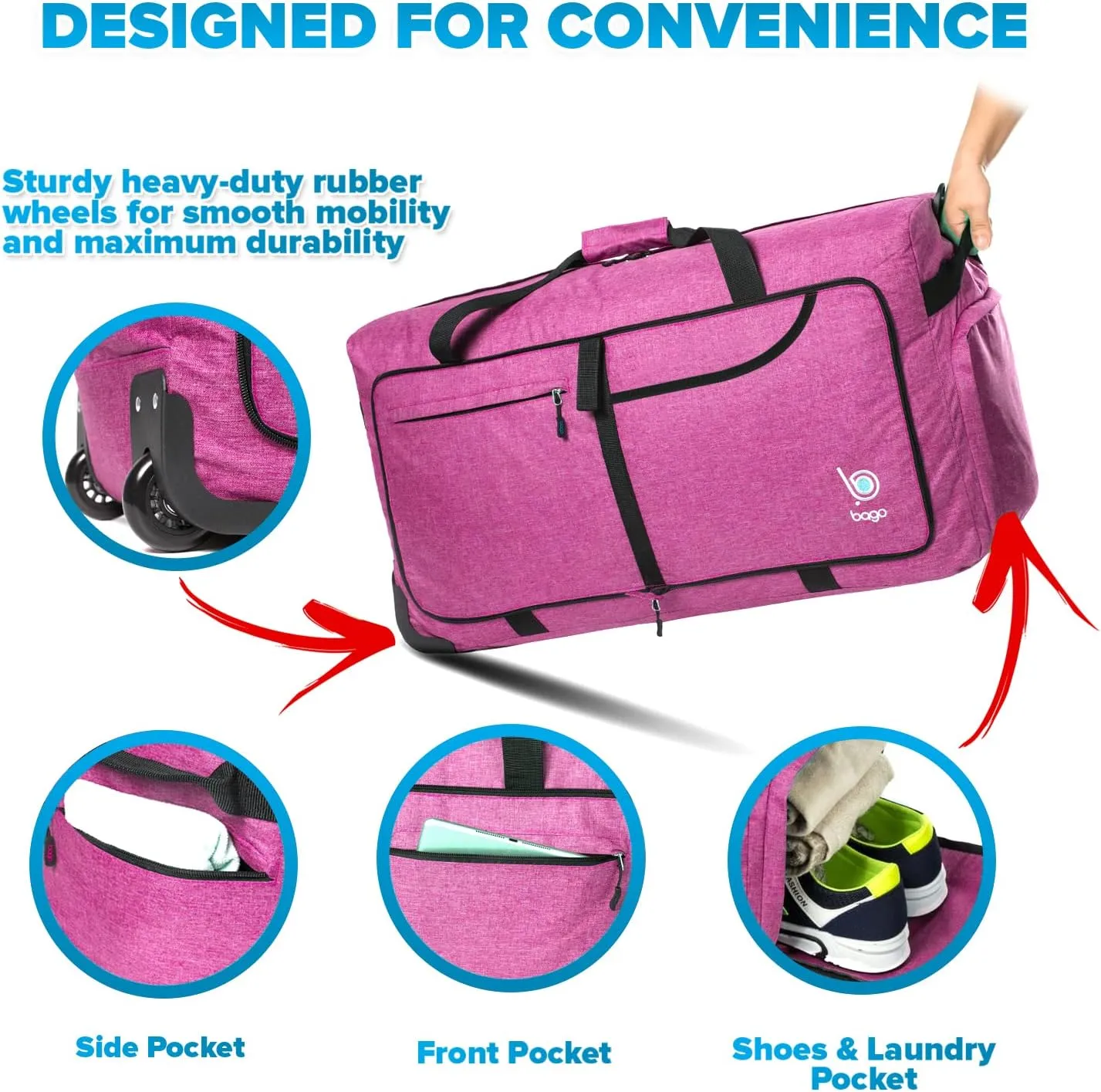 Bago Rolling Duffle Bag with Wheels - 31" 120L Foldable Weekender Bag, Waterproof Travel Duffel Bag, Heavy Duty lightWeight Duffle Bag for Traveling, Rolling Duffel Bag with Wheels (SnowPink)