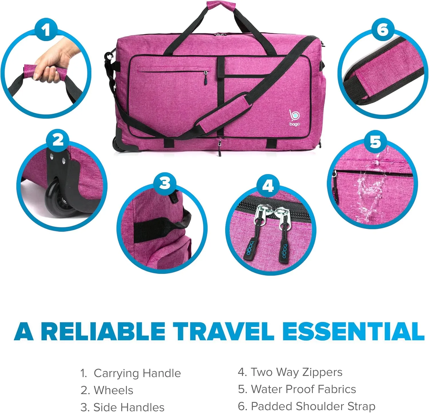Bago Rolling Duffle Bag with Wheels - 31" 120L Foldable Weekender Bag, Waterproof Travel Duffel Bag, Heavy Duty lightWeight Duffle Bag for Traveling, Rolling Duffel Bag with Wheels (SnowPink)