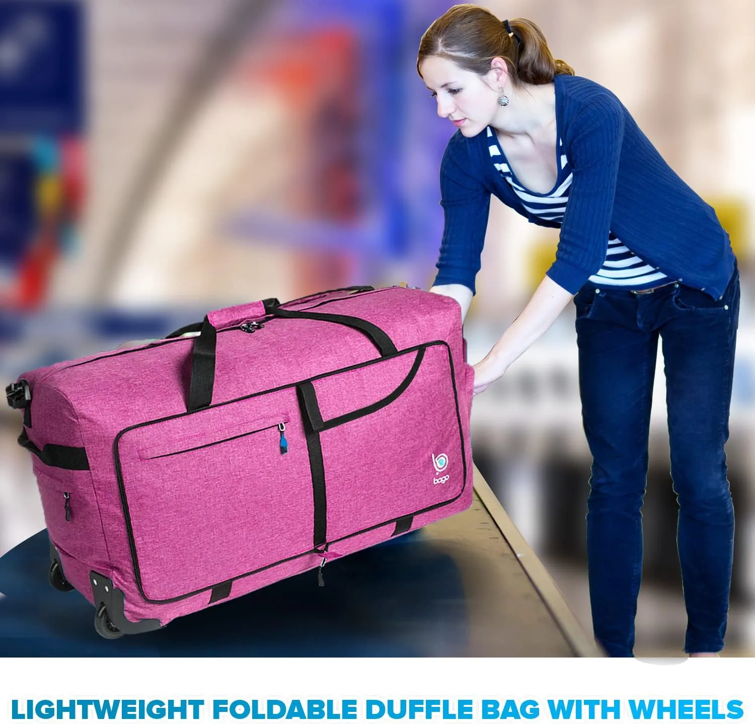Bago Rolling Duffle Bag with Wheels - 31" 120L Foldable Weekender Bag, Waterproof Travel Duffel Bag, Heavy Duty lightWeight Duffle Bag for Traveling, Rolling Duffel Bag with Wheels (SnowPink)