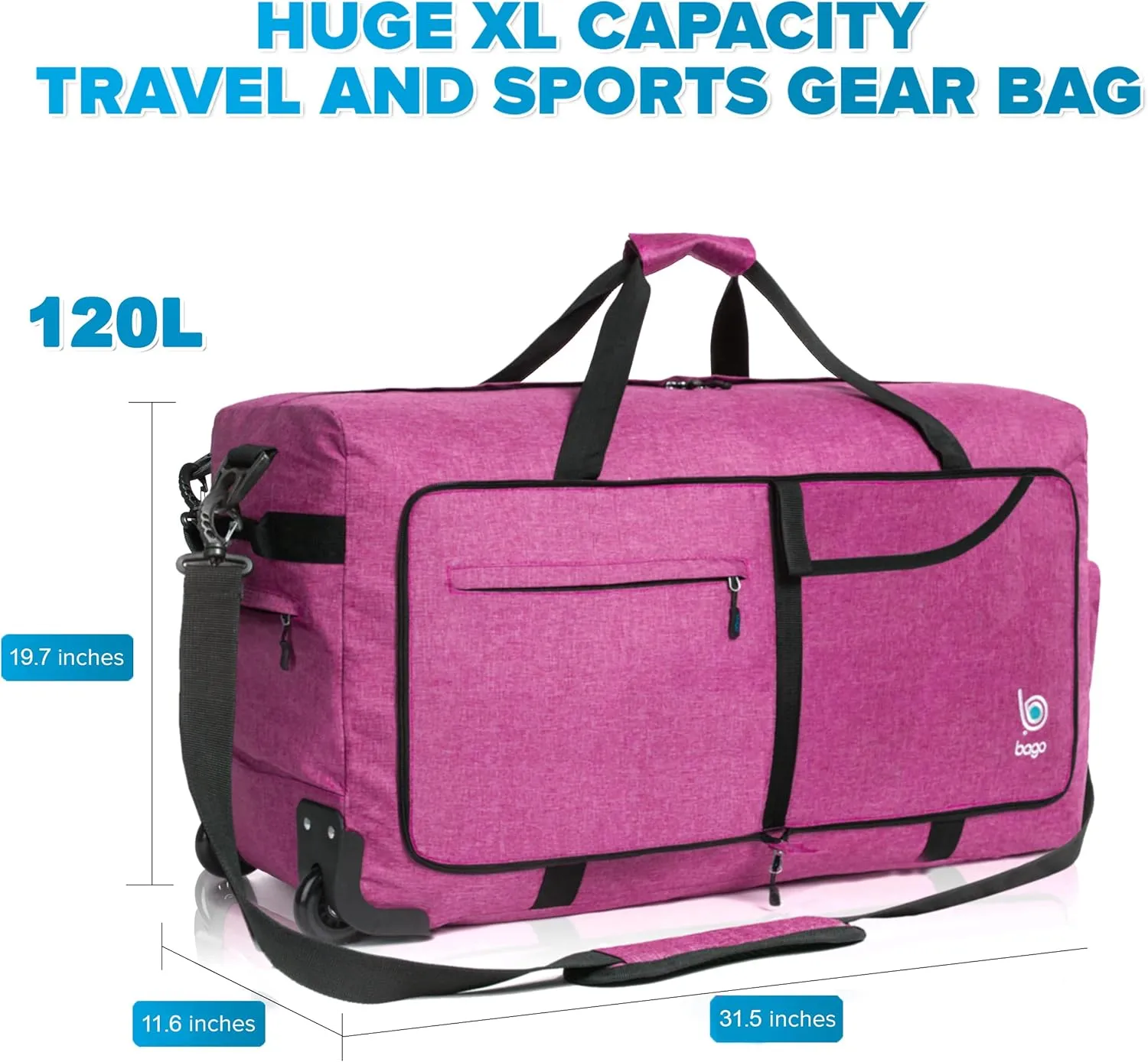 Bago Rolling Duffle Bag with Wheels - 31" 120L Foldable Weekender Bag, Waterproof Travel Duffel Bag, Heavy Duty lightWeight Duffle Bag for Traveling, Rolling Duffel Bag with Wheels (SnowPink)