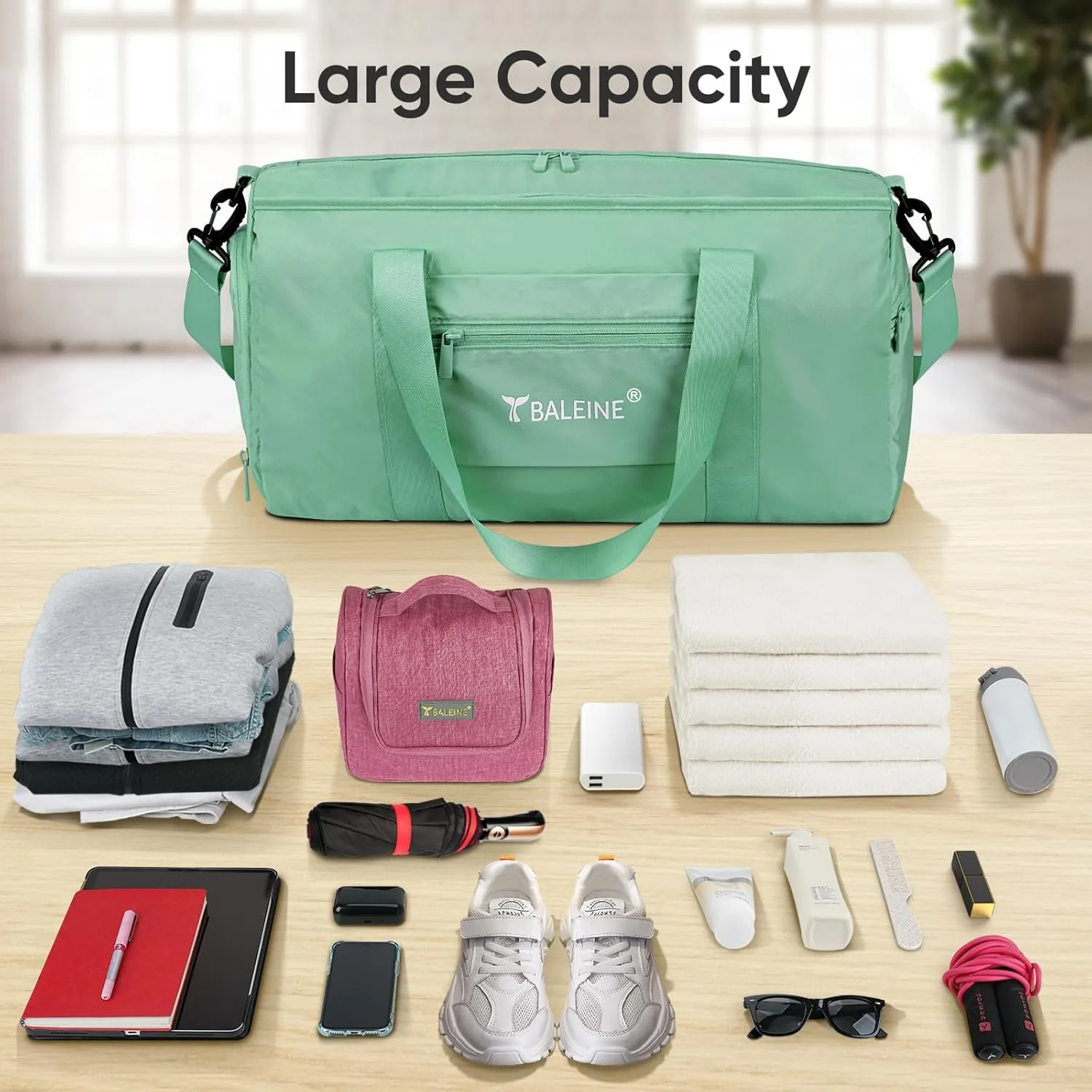 BALEINE Gym Bag for Women and Men, Duffel Bag for Sports, Gyms and Weekend Getaway, Waterproof Dufflebag with Shoe and Wet Clothes Compartments, Lightweight Carryon Gymbag (Green)