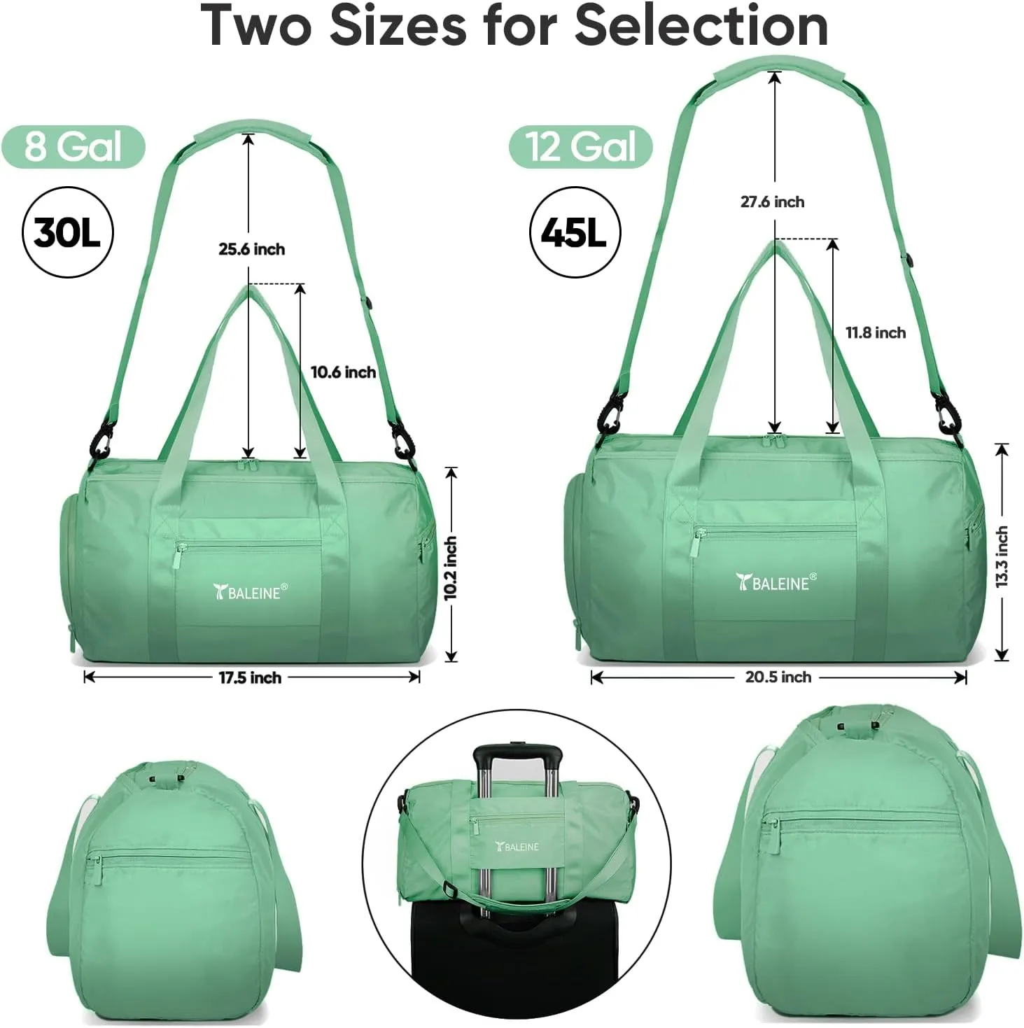 BALEINE Gym Bag for Women and Men, Duffel Bag for Sports, Gyms and Weekend Getaway, Waterproof Dufflebag with Shoe and Wet Clothes Compartments, Lightweight Carryon Gymbag (Green)