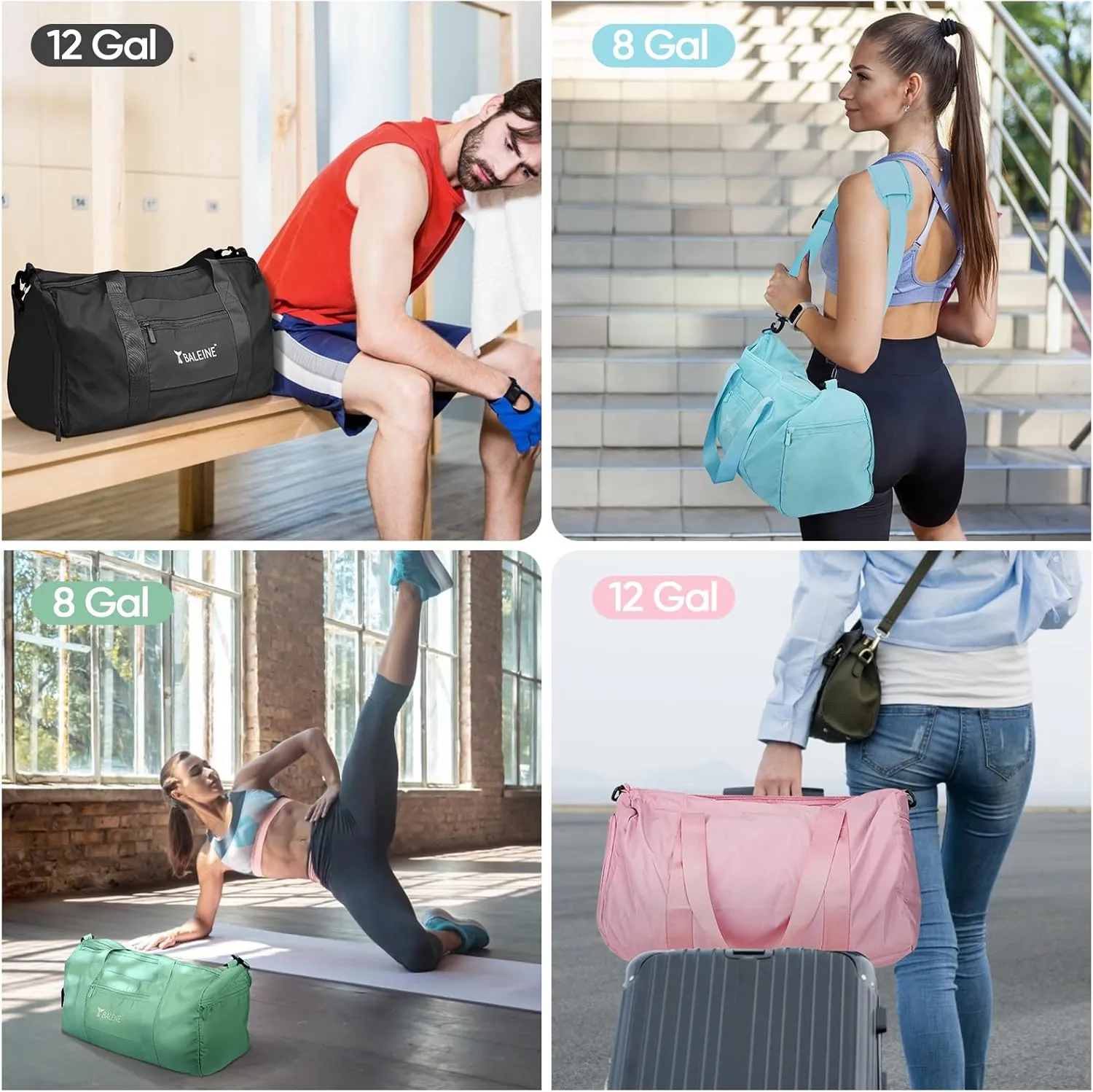BALEINE Gym Bag for Women and Men, Duffel Bag for Sports, Gyms and Weekend Getaway, Waterproof Dufflebag with Shoe and Wet Clothes Compartments, Lightweight Carryon Gymbag (Green)