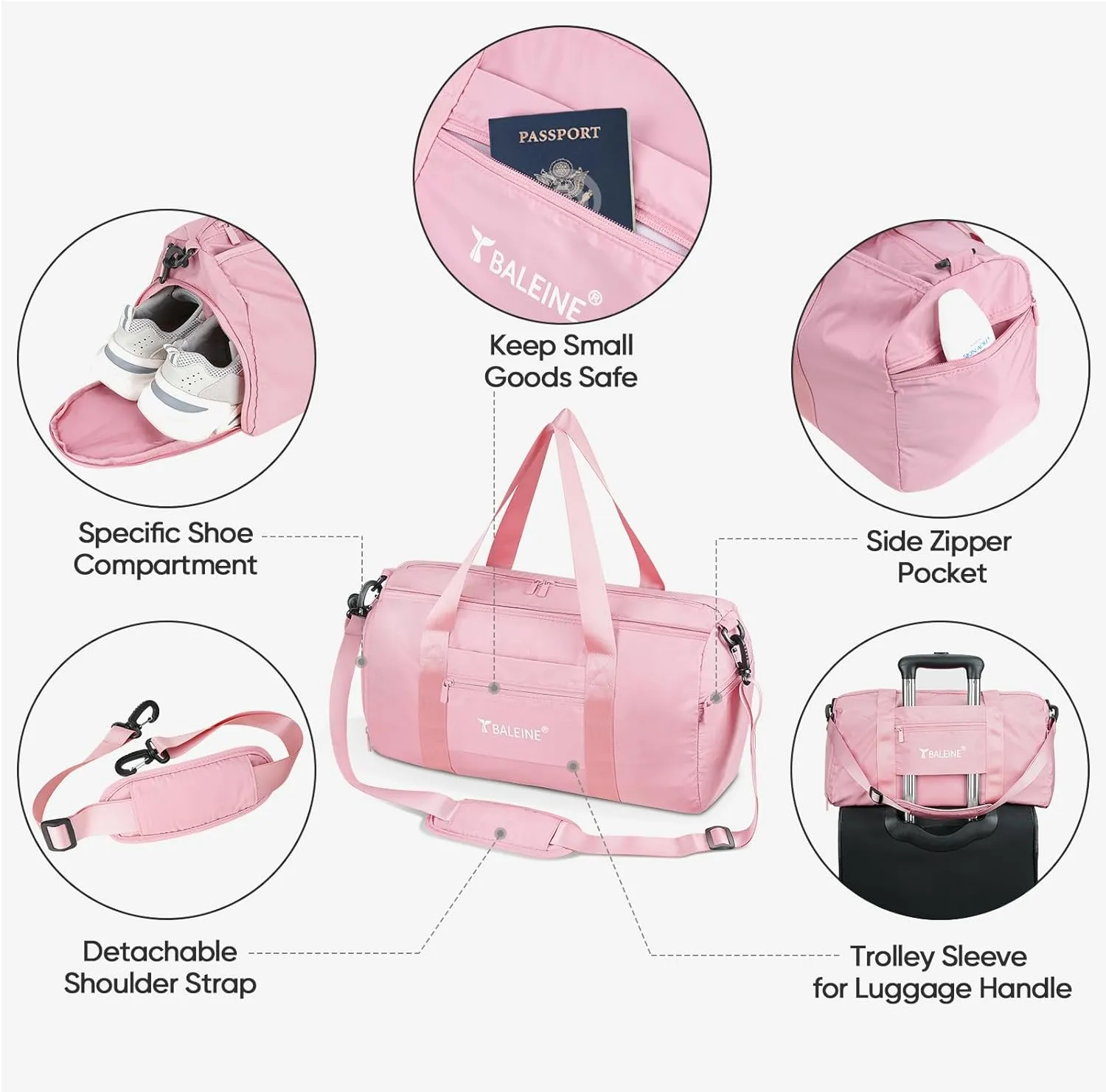 BALEINE Gym Bag for Women and Men, Duffel Bag for Sports, Gyms and Weekend Getaway, Waterproof Dufflebag with Shoe and Wet Clothes Compartments, Lightweight Carryon Gymbag (Pink)