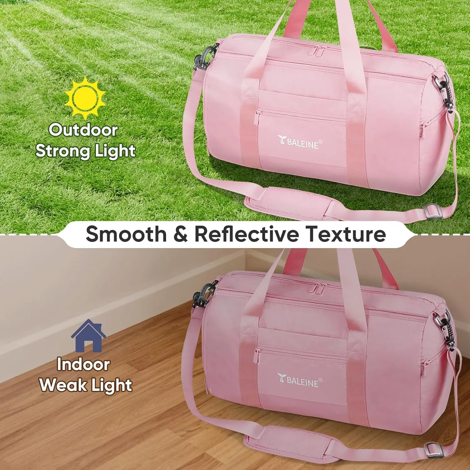 BALEINE Gym Bag for Women and Men, Duffel Bag for Sports, Gyms and Weekend Getaway, Waterproof Dufflebag with Shoe and Wet Clothes Compartments, Lightweight Carryon Gymbag (Pink)