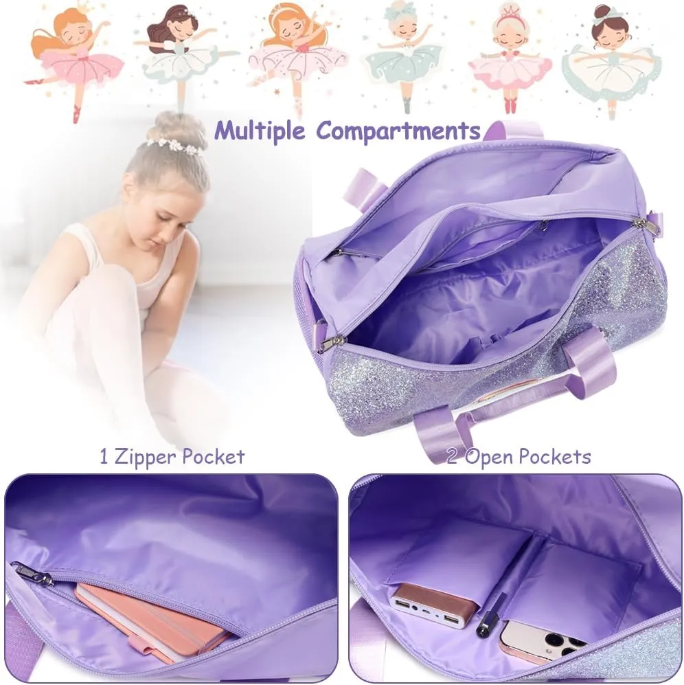 Ballet Dance Bag for Girls Shiny Rainbow Glitter Sports Duffle Bags for Girls Ballerina Duffle with Waterproof Dry Wet Separated Compartment