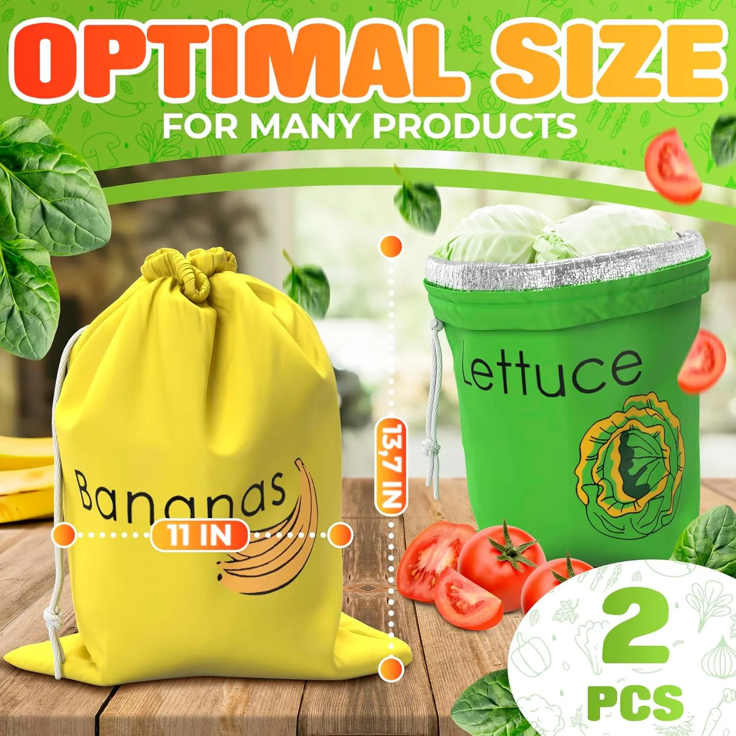 Banana & Lettuce Fresh Reusable Produce Bags – Vegetable & Fruit Storage Bags with Foil Lining for Freshness, Freezer & Refrigerator Safe
