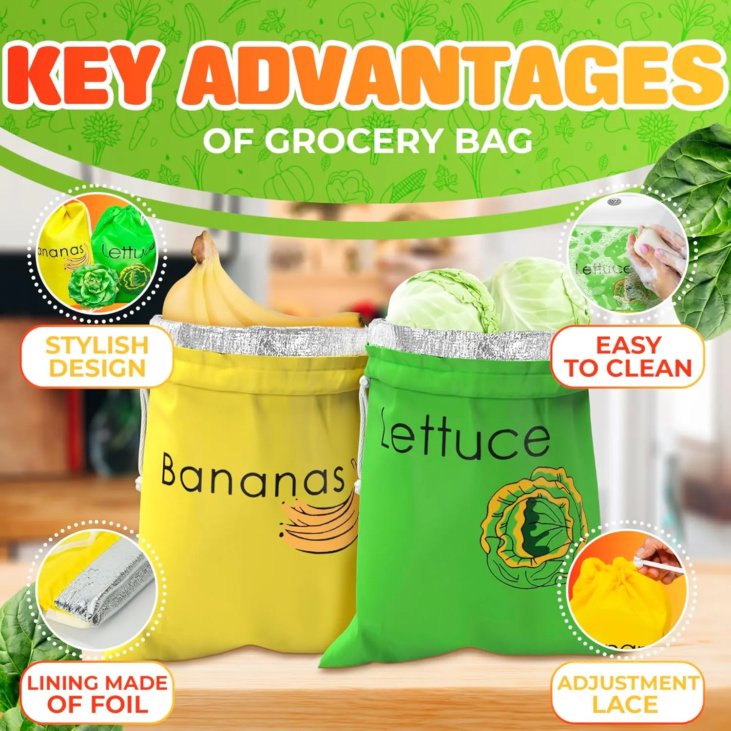 Banana & Lettuce Fresh Reusable Produce Bags – Vegetable & Fruit Storage Bags with Foil Lining for Freshness, Freezer & Refrigerator Safe