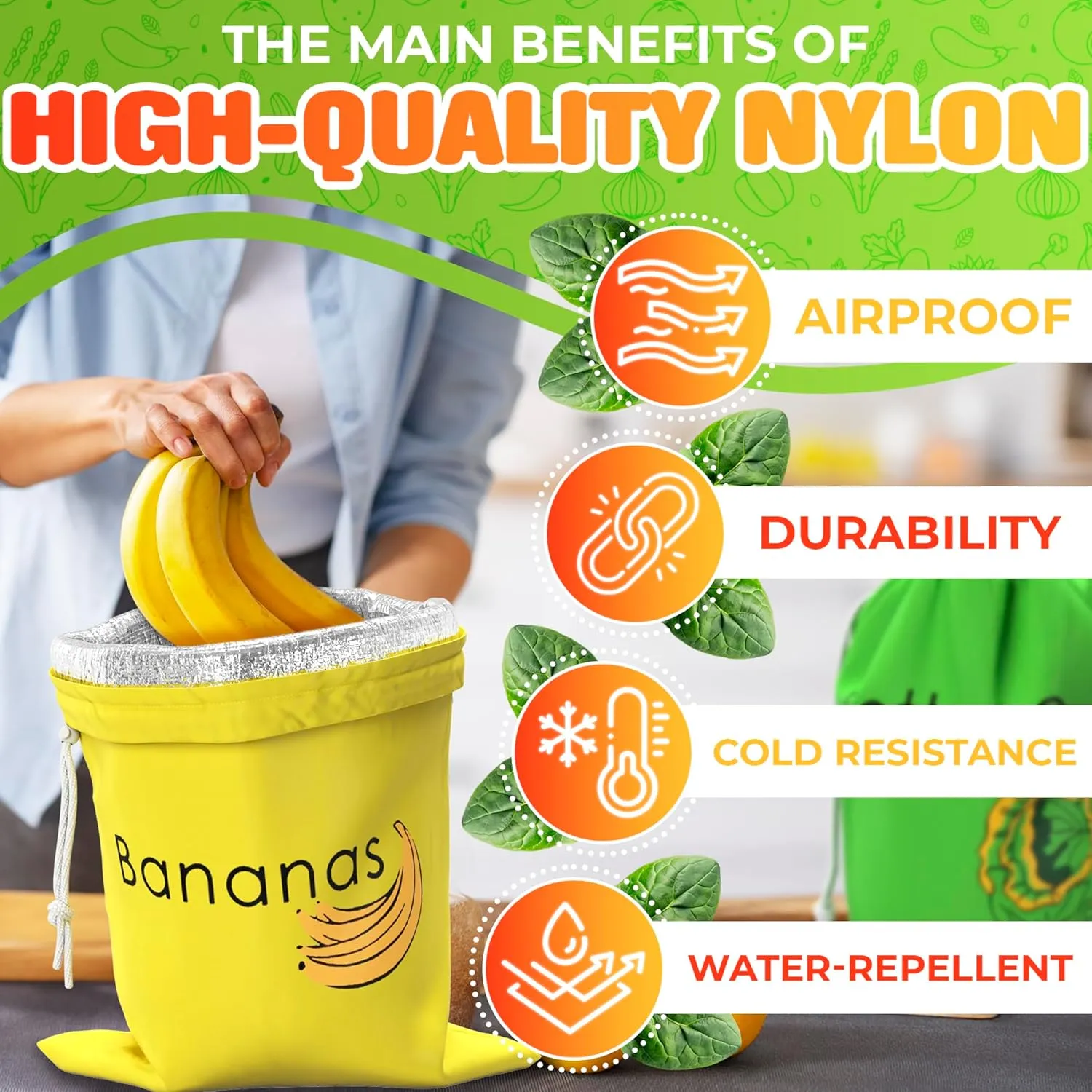 Banana & Lettuce Fresh Reusable Produce Bags – Vegetable & Fruit Storage Bags with Foil Lining for Freshness, Freezer & Refrigerator Safe