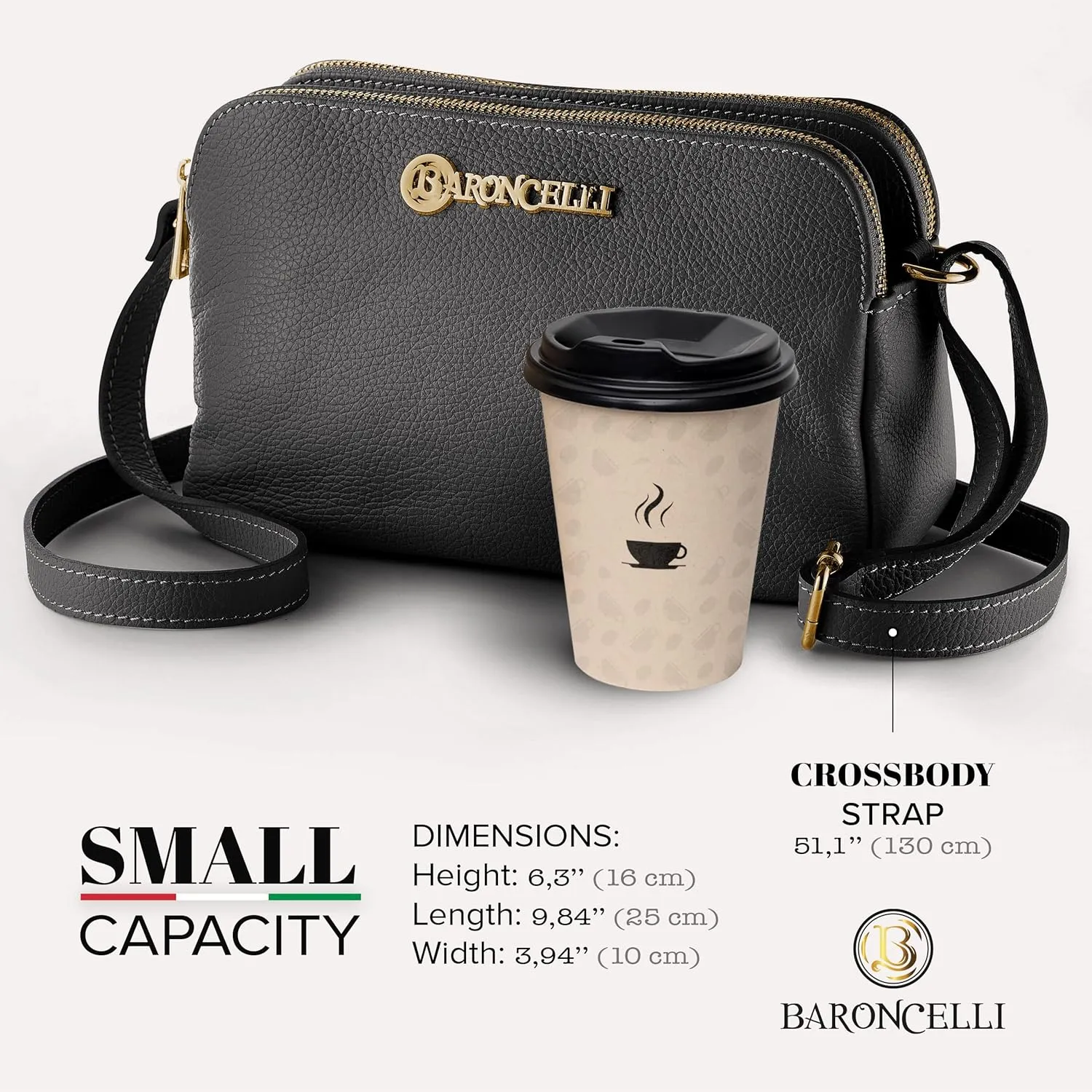 Baroncelli Crossbody Bag Made in Italy with Long Stripe Genuine Italian Soft Leather