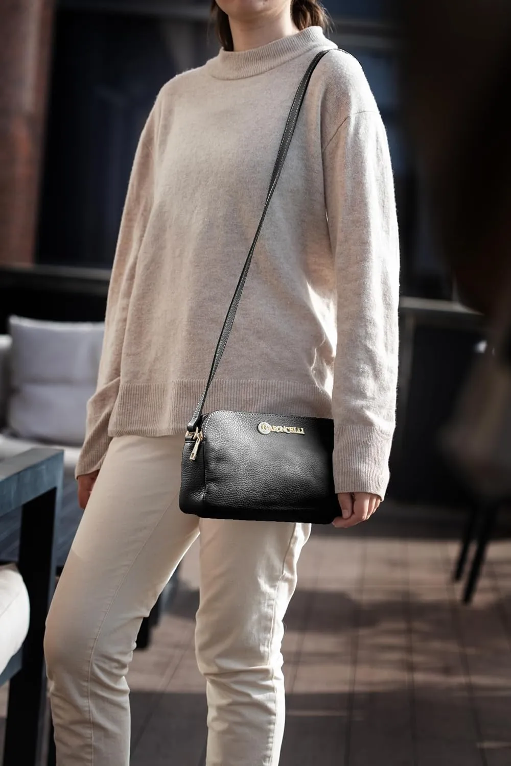 Baroncelli Crossbody Bag Made in Italy with Long Stripe Genuine Italian Soft Leather