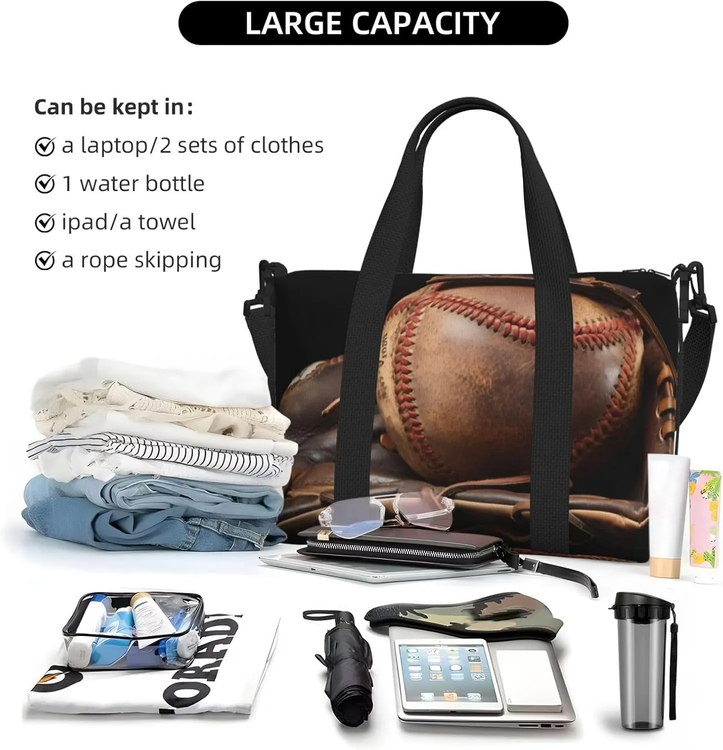 baseball and glove print Travel Duffel Bag, Sports Tote Gym Bag, Swim Pool Bag Large Shoulder Tote Bag for Beach Weekender, 202-406-121