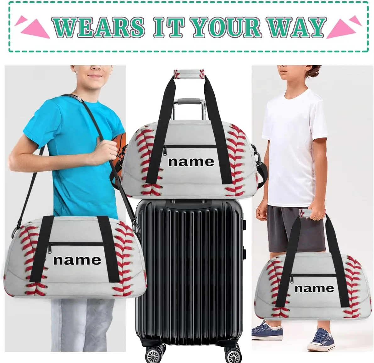 Baseball Custom Name Kids Gym Duffel Bag for Little Boys, Baseball Theme Personalized Sport Duffle Practice Bag Teen Travel Weekender Overnight Carry On Bag, Customized Kids Gifts