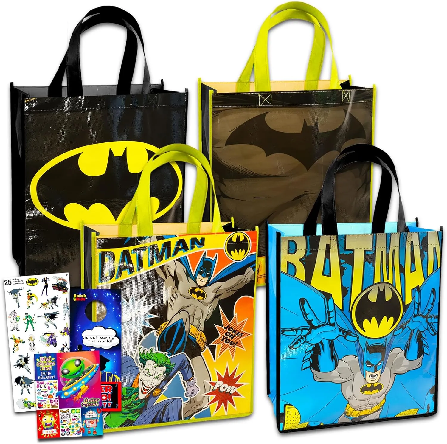 Batman Reusable Tote Bag Bundle - 4 Tote Bags, Create-A-Face Sticker Book, Party Favors for Kids