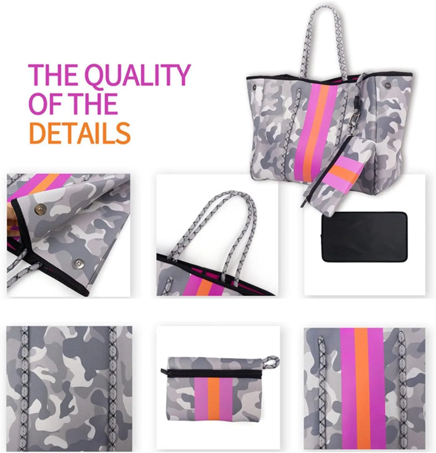 Beach Bags for Women Neoprene Tote Bag Big Waterproof Fashion Comes with Pouch Travel Shoulder Bags