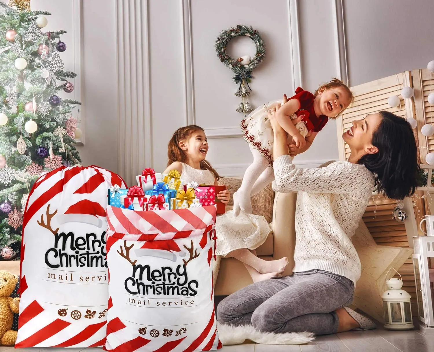 BeeGreen 2 Extra Large Santa Sacks - 27.6 x 42 Inch Reusable Christmas Bags with Drawstring for Gifts & Presents