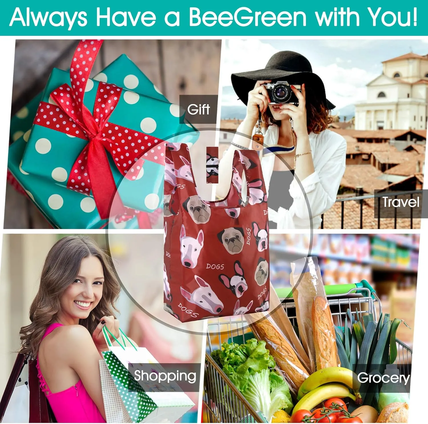 BeeGreen Animal Reusable Grocery Bags 6 Pack Grocery Bags Reusable Shopping Bags Cloth Gift Bags Foldable Tote Bag Reusable Gift Bags Holiday Bags With Handles Heavy Duty Reusable Tote Bag