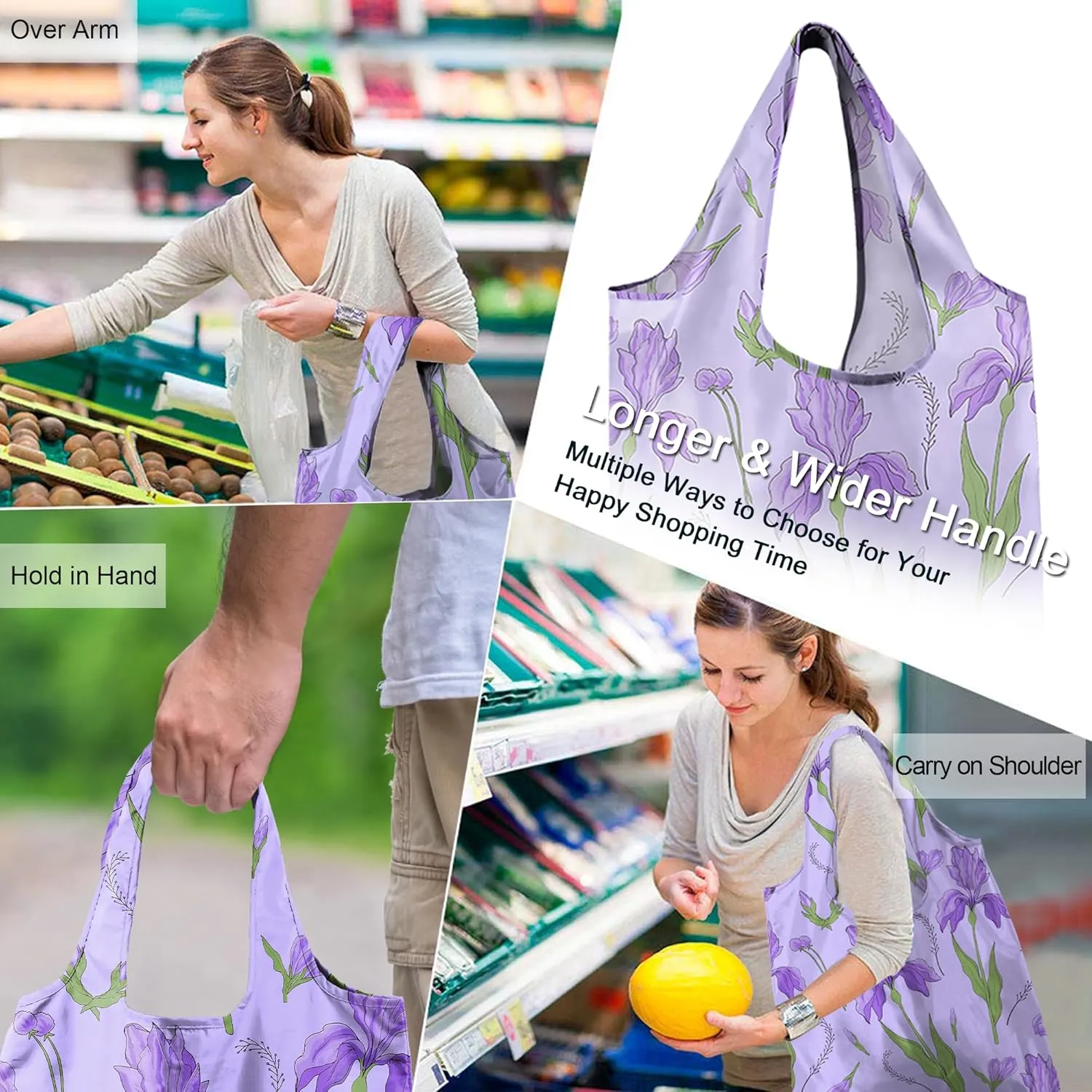 BeeGreen Floral Reusable Grocery Bags with Zipper Storage Pouch 12 Pack Flowers Reusable Shopping Bags Bulk with Elastic Band Foldable-Machine Washable Christmas Gifts Tote Bags