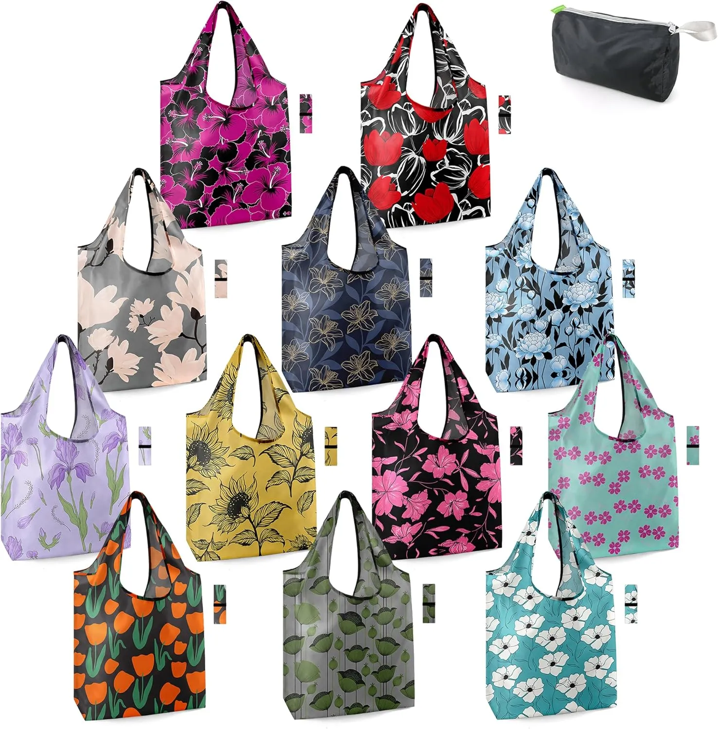 BeeGreen Floral Reusable Grocery Bags with Zipper Storage Pouch 12 Pack Flowers Reusable Shopping Bags Bulk with Elastic Band Foldable-Machine Washable Christmas Gifts Tote Bags