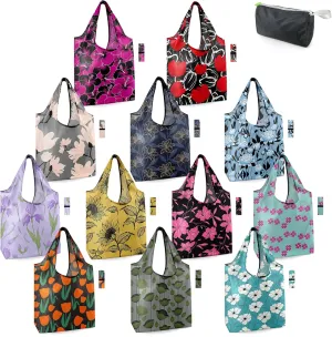 BeeGreen Floral Reusable Grocery Bags with Zipper Storage Pouch 12 Pack Flowers Reusable Shopping Bags Bulk with Elastic Band Foldable-Machine Washable Christmas Gifts Tote Bags