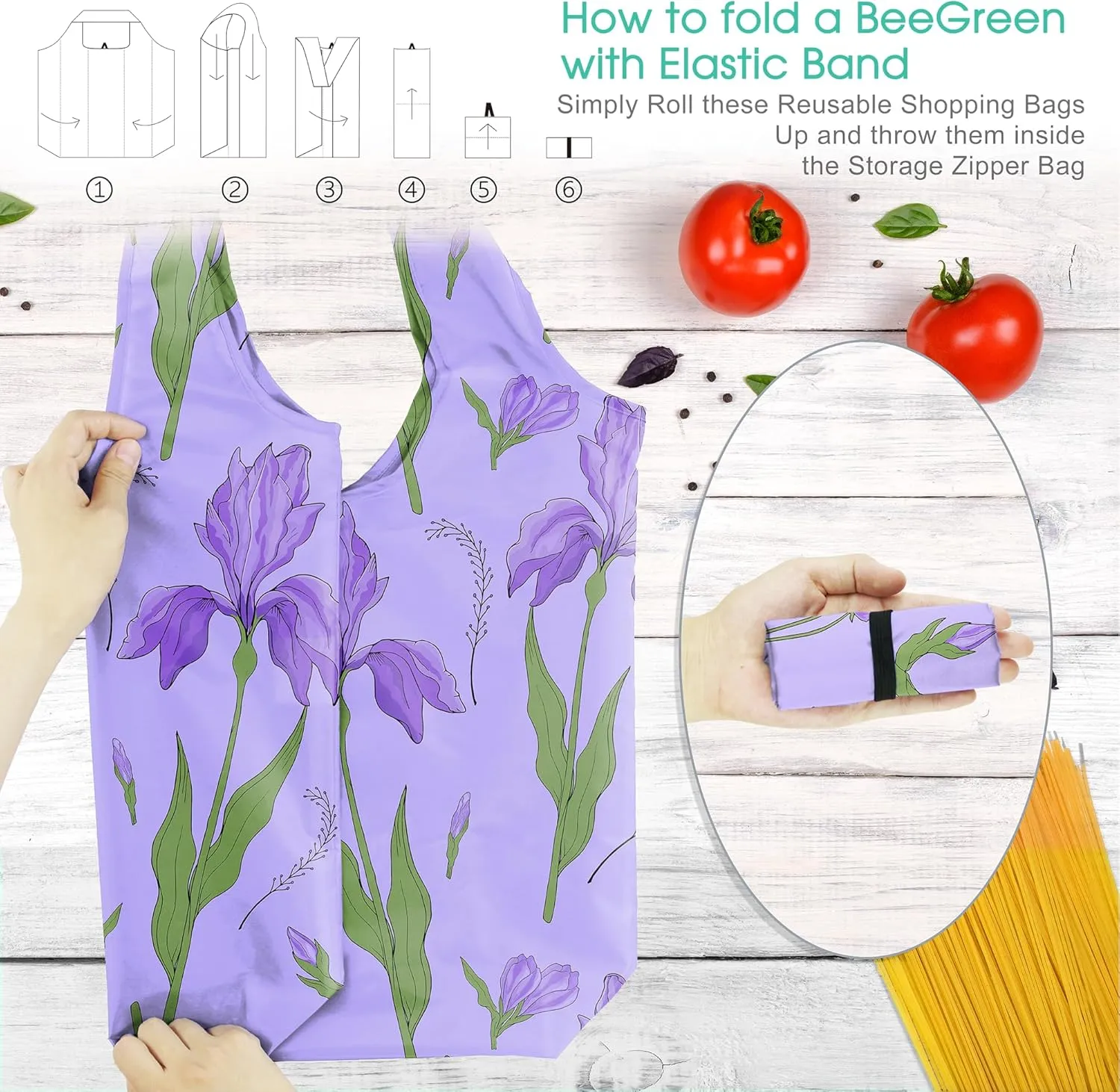 BeeGreen Floral Reusable Grocery Bags with Zipper Storage Pouch 12 Pack Flowers Reusable Shopping Bags Bulk with Elastic Band Foldable-Machine Washable Christmas Gifts Tote Bags