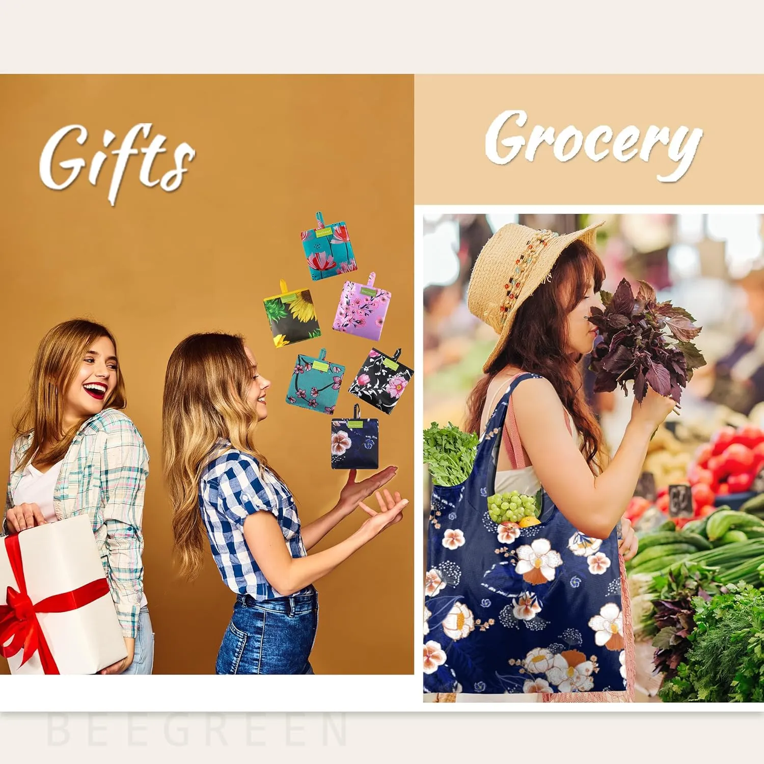 BeeGreen Reusable Grocery Bags Foldable Reusable Gift Bags Reusable Shopping Bags With Handles Polyester Grocery Bags Tote Bags Bulk Travel Tote Bags For Women Cloth Bags Shopping Basket Washable