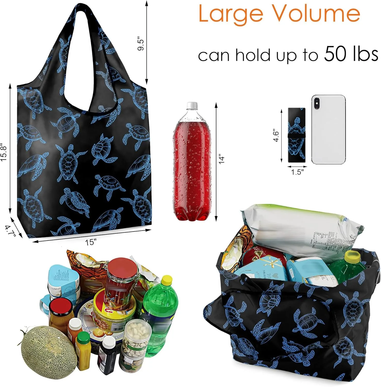 BeeGreen Sea Turtle Lovers Gifts for Women Ocean Animals Reusable Grocery Bags Shopping Bags Bulk 6 Pack 50LBS X-Large Shells Seal Mermaid Scale Whale