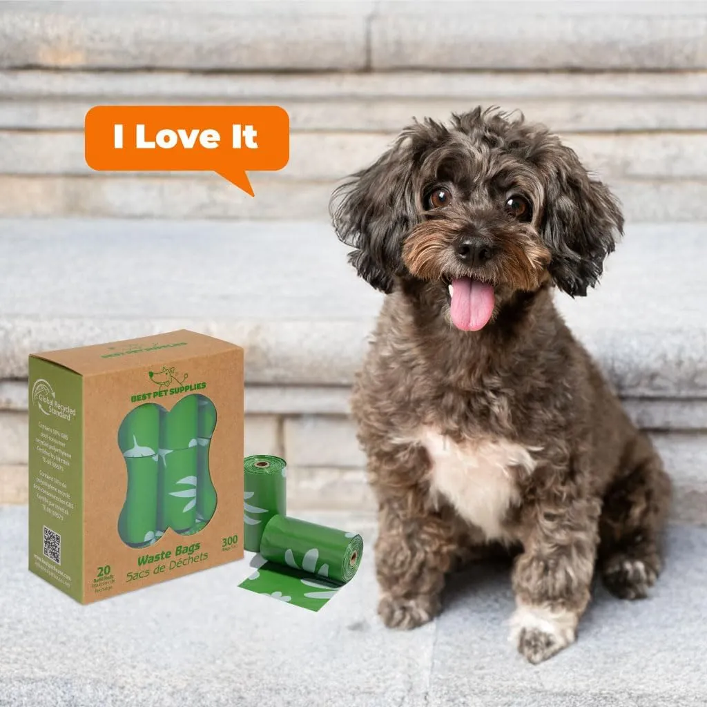Best Pet Supplies Poop Bags for Dogs, 50% Post-Consumer Recycled Content dog waste bags on rolls, fits all poop bag holders for leashes - 300 Count, Green, Unscented