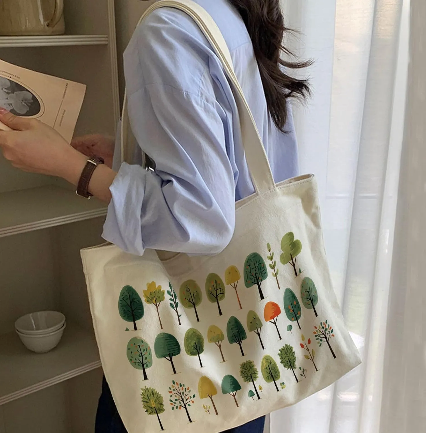 Big Canvas Tote Bag Aesthetic for Women, Flower Reusable Cloth Bags for Shopping Grocery Shoulder Bag