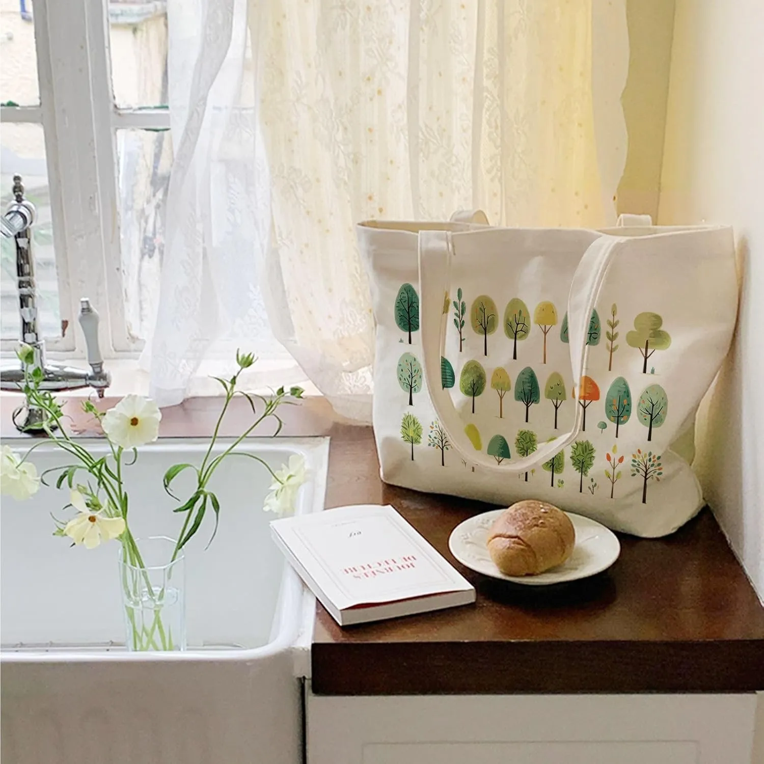 Big Canvas Tote Bag Aesthetic for Women, Flower Reusable Cloth Bags for Shopping Grocery Shoulder Bag